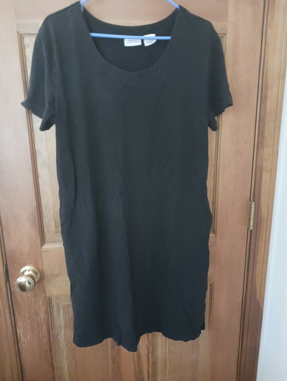 Vermont Country Store Black Cotton Short Sleeve Round Neck Dress Zip Pockets  L